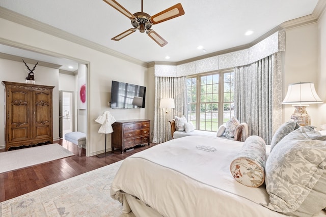 807 Terrace Mountain Dr, West Lake Hills, TX 78746 - bedroom with crown molding, ceiling fan, recessed lighting, baseboards, and wood finished floors