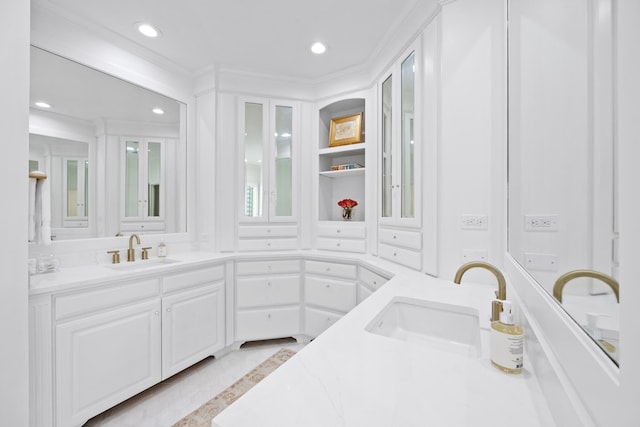 807 Terrace Mountain Dr, West Lake Hills, TX 78746 - bathroom with crown molding, recessed lighting, and vanity