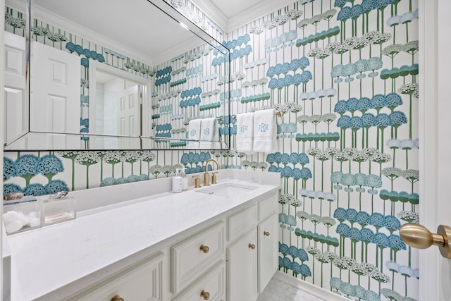 807 Terrace Mountain Dr, West Lake Hills, TX 78746 - bathroom with crown molding and vanity