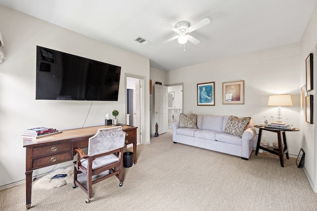 807 Terrace Mountain Dr, West Lake Hills, TX 78746 - living area with baseboards, ceiling fan, visible vents, and light colored carpet