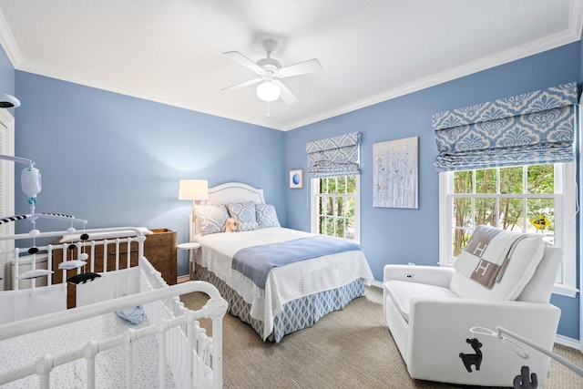 807 Terrace Mountain Dr, West Lake Hills, TX 78746 - carpeted bedroom with baseboards, ornamental molding, and ceiling fan