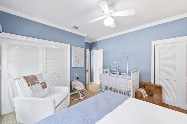 807 Terrace Mountain Dr, West Lake Hills, TX 78746 - carpeted bedroom with ornamental molding and ceiling fan