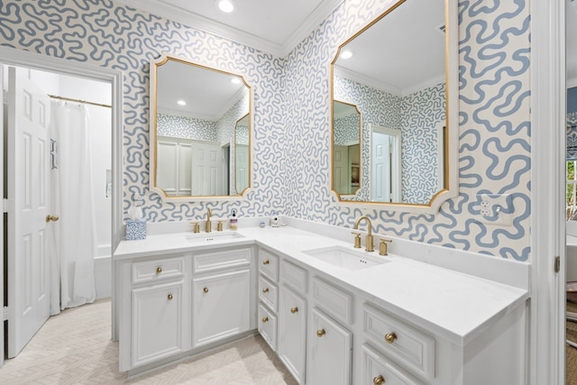 807 Terrace Mountain Dr, West Lake Hills, TX 78746 - bathroom with crown molding, wallpapered walls, and a sink