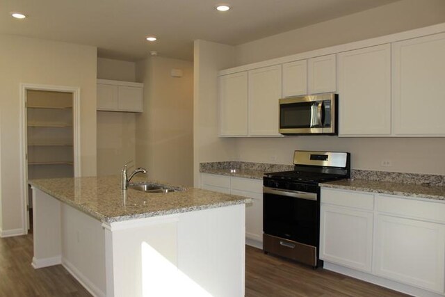 240 Hidalgo Ln, Elgin, TX 78621 - kitchen featuring stainless steel appliances, a sink, dark wood-style flooring, white cabinetry, and light stone countertops