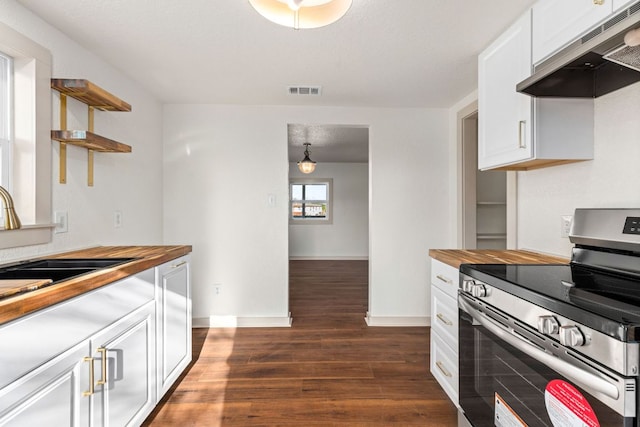 4904 Fm 2984, Luling, TX 78648 - kitchen featuring stainless steel electric range, under cabinet range hood, dark wood-type flooring, a sink, and butcher block counters