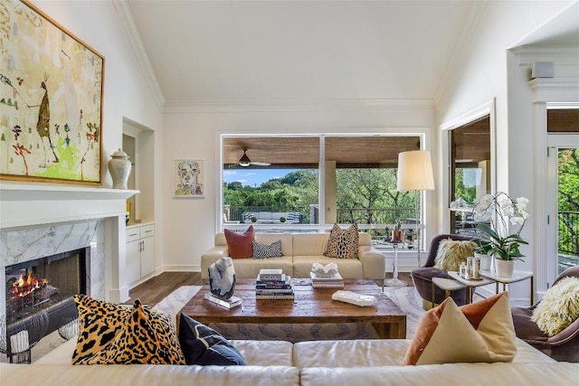 5802 Gentle Breeze Ter, Austin, TX 78731 - living area featuring ornamental molding, wood finished floors, a fireplace, and built in shelves