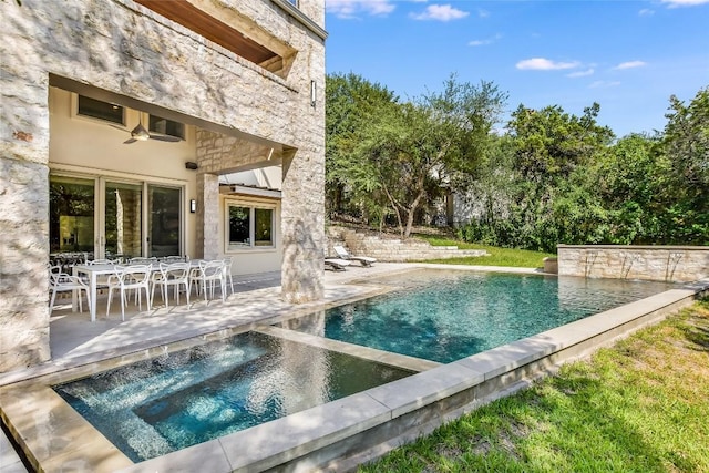 5802 Gentle Breeze Ter, Austin, TX 78731 - outdoor pool featuring an in-ground hot tub, a patio, ceiling fan, and outdoor dining area