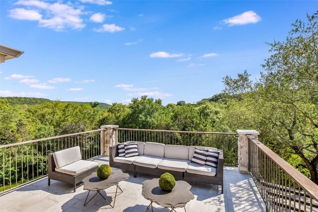 5802 Gentle Breeze Ter, Austin, TX 78731 - wooden terrace featuring a forest view and an outdoor hangout area