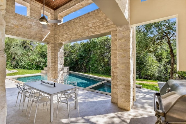 5802 Gentle Breeze Ter, Austin, TX 78731 - view of patio with grilling area, an outdoor pool, view of wooded area, and ceiling fan
