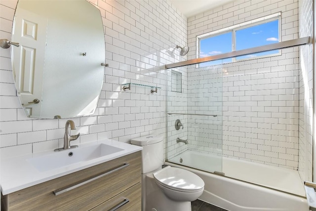 5802 Gentle Breeze Ter, Austin, TX 78731 - full bathroom featuring vanity, tasteful backsplash, enclosed tub / shower combo, and tile walls