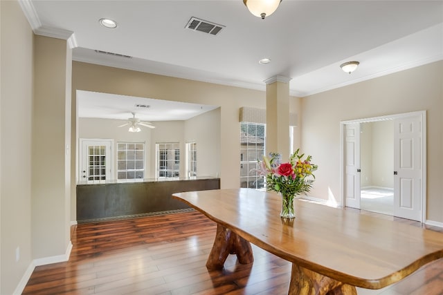 6407 Johanne Ct, Austin, TX 78750 - dining area with ornamental molding, wood-type flooring, recessed lighting, and a ceiling fan