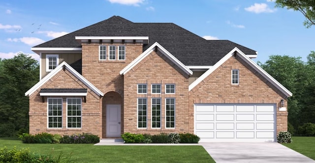 304 Echo Pass, Liberty Hill, TX 78642 - view of front of house with concrete driveway, a front yard, brick siding, and a shingled roof