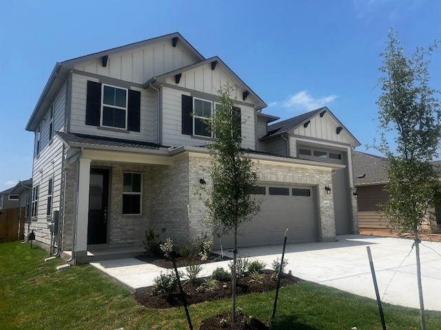 craftsman-style home with board and batten siding, driveway, a garage, and fence