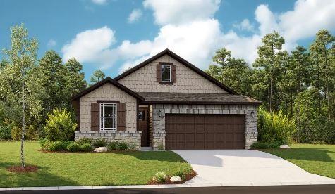513 Raleigh Dr, Georgetown, TX 78633 - view of front of property with an attached garage, concrete driveway, a front lawn, and stone siding