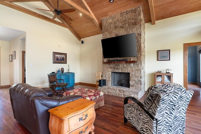 650 Farris Ranch Rd, Georgetown, TX 78633 - living area featuring wood ceiling, beam ceiling, a ceiling fan, wood finished floors, and high vaulted ceiling