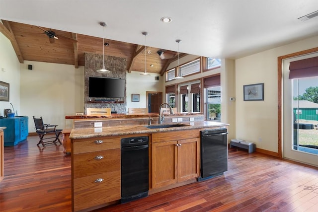 650 Farris Ranch Rd, Georgetown, TX 78633 - kitchen featuring open floor plan, a sink, dark wood-type flooring, baseboards, and lofted ceiling