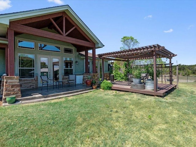 650 Farris Ranch Rd, Georgetown, TX 78633 - view of yard featuring a pergola, a deck, and french doors