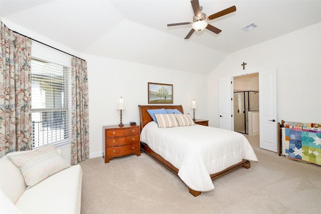 5314 Tribolo Trl, Round Rock, TX 78665 - bedroom with light colored carpet, vaulted ceiling, multiple windows, and a ceiling fan