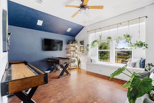 105 Wimberley St, Hutto, TX 78634 - exercise area with wood finished floors, a ceiling fan, and vaulted ceiling