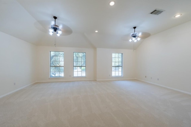7724 Yaupon Dr, Austin, TX 78759 - unfurnished room with a ceiling fan, baseboards, lofted ceiling, light colored carpet, and recessed lighting