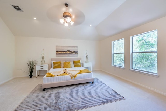 7724 Yaupon Dr, Austin, TX 78759 - bedroom featuring carpet, vaulted ceiling, baseboards, and a ceiling fan