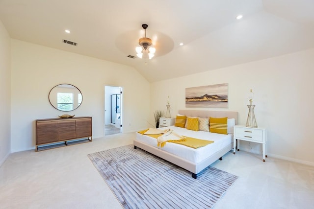 7724 Yaupon Dr, Austin, TX 78759 - bedroom featuring light colored carpet, vaulted ceiling, ceiling fan, and baseboards