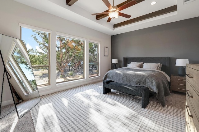 6109 Destination Way, Lago Vista, TX 78645 - carpeted bedroom featuring a tray ceiling, recessed lighting, and a ceiling fan