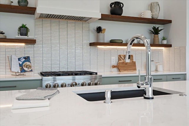 13400 Paisano Trl, Austin, TX 78737 - kitchen featuring open shelves, premium range hood, tasteful backsplash, and a sink
