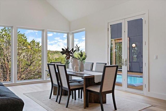 13400 Paisano Trl, Austin, TX 78737 - dining area featuring french doors, light wood-style flooring, and high vaulted ceiling