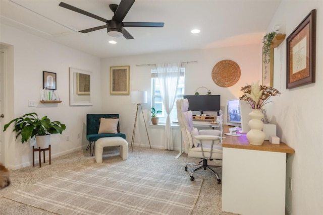 12305 Zenyatta Dr, Buda, TX 78610 - home office with carpet floors, a ceiling fan, baseboards, and recessed lighting