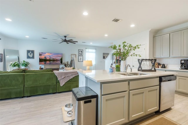 12305 Zenyatta Dr, Buda, TX 78610 - kitchen featuring visible vents, stainless steel dishwasher, a sink, light countertops, and an island with sink