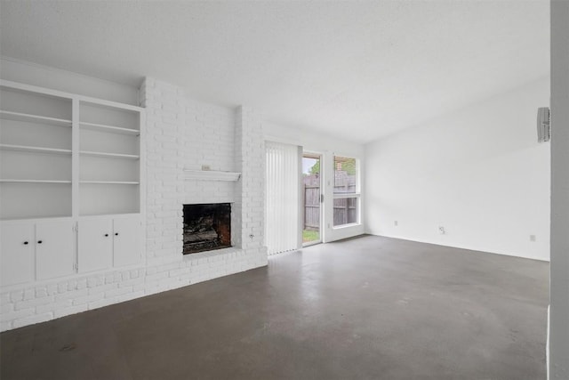 12503 Brandywine Ct, Austin, TX 78727 - unfurnished living room with finished concrete floors, a fireplace, and built in features