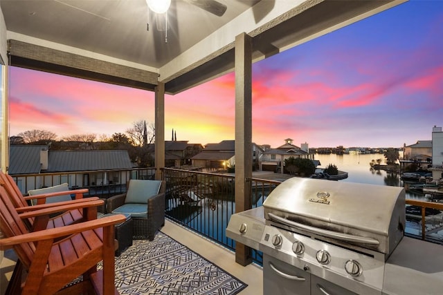 510 N Horseshoe Bay Blvd, Horseshoe Bay, TX 78657 - view of patio / terrace with a water view, a ceiling fan, and a grill