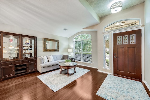 14516 Wharton Park Trl, Austin, TX 78717 - foyer entrance with baseboards, lofted ceiling, and dark wood-style floors