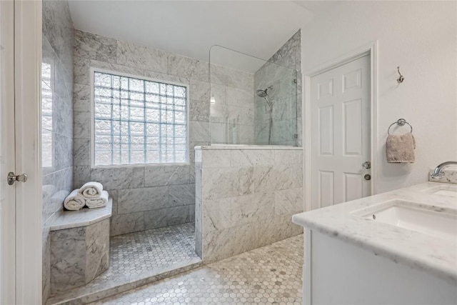 14516 Wharton Park Trl, Austin, TX 78717 - bathroom featuring a walk in shower, tile patterned flooring, and double vanity
