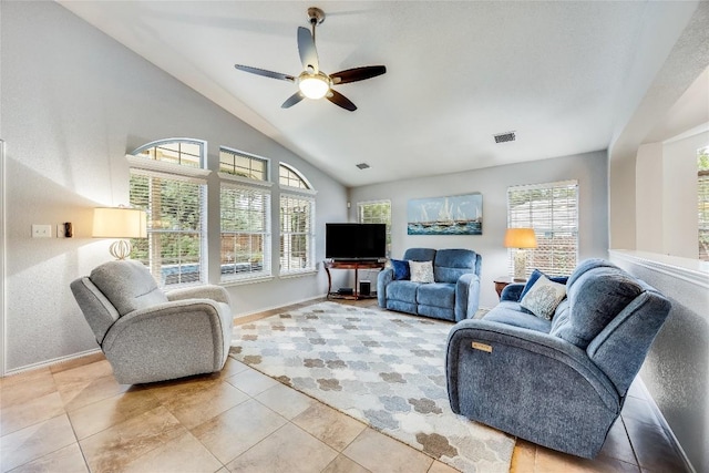 14516 Wharton Park Trl, Austin, TX 78717 - living room featuring lofted ceiling, a ceiling fan, baseboards, and light tile patterned flooring