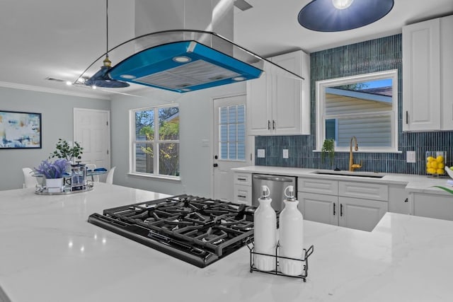 kitchen featuring dishwasher, white cabinetry, a sink, stovetop, and light stone counters