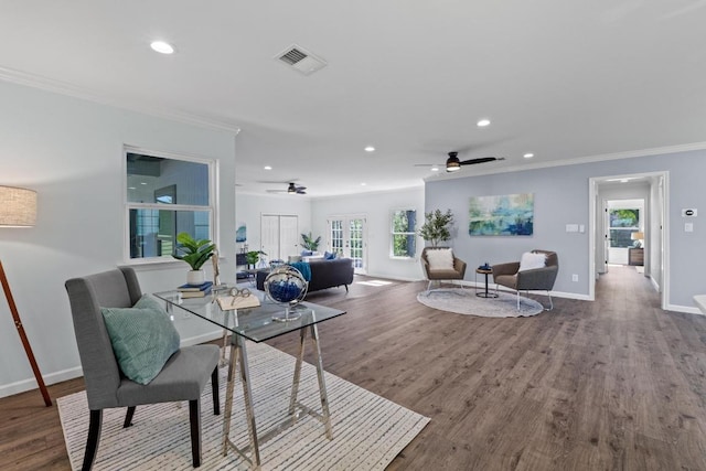 dining room with visible vents, crown molding, ceiling fan, wood finished floors, and recessed lighting