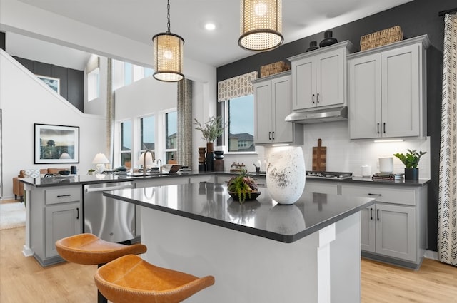 2705 Sage Ranch Dr Unit 32, Leander, TX 78641 - kitchen with stainless steel appliances, under cabinet range hood, dark countertops, light wood-style flooring, and a kitchen island