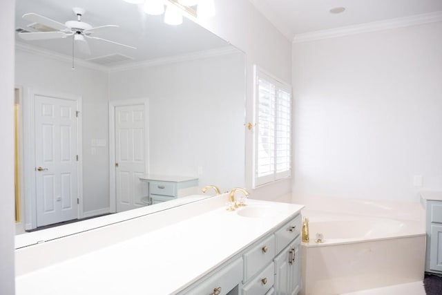 full bathroom featuring vanity, crown molding, a garden tub, and ceiling fan