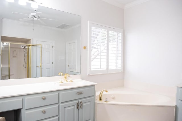 bathroom featuring vanity, crown molding, a shower stall, visible vents, and a bath