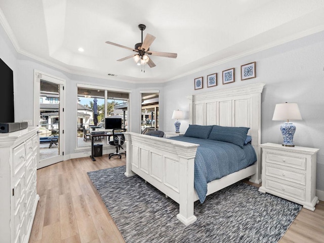 103 Waters Edge, Horseshoe Bay, TX 78657 - bedroom with access to exterior, an office area, light wood-type flooring, ornamental molding, and recessed lighting