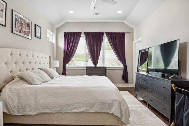 1506 Payne Ave Unit A, Austin, TX 78757 - bedroom featuring dark wood-type flooring, lofted ceiling, baseboards, a ceiling fan, and recessed lighting