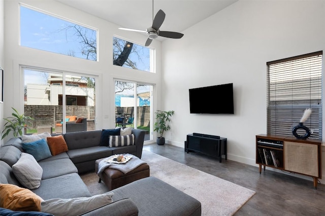 2514 E 4th St Unit A, Austin, TX 78702 - living area featuring concrete floors, high vaulted ceiling, and ceiling fan