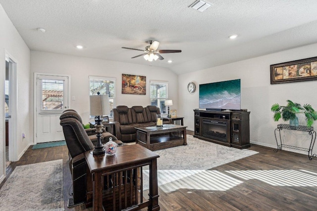 759 Ocelot Ct, Seguin, TX 78155 - living area featuring a ceiling fan, dark wood finished floors, a textured ceiling, and recessed lighting