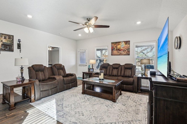 759 Ocelot Ct, Seguin, TX 78155 - living room featuring ceiling fan, wood finished floors, and recessed lighting
