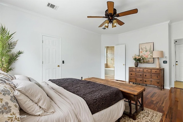 1103 Vanderbilt Cir, Pflugerville, TX 78660 - bedroom featuring ornamental molding, wood finished floors, ensuite bath, and ceiling fan