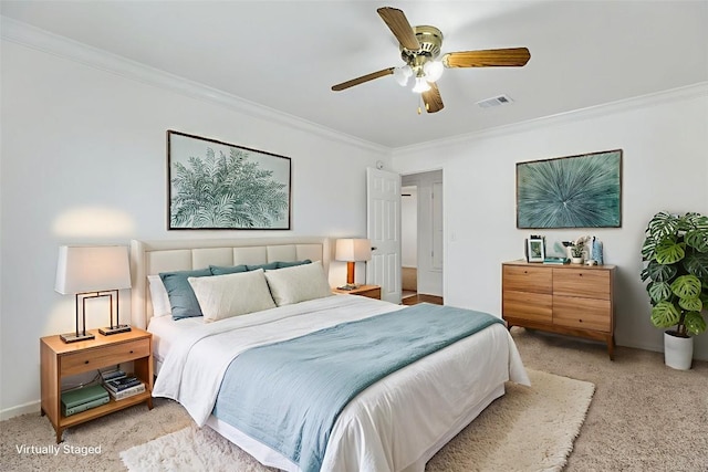 1103 Vanderbilt Cir, Pflugerville, TX 78660 - bedroom featuring light carpet, ornamental molding, and ceiling fan