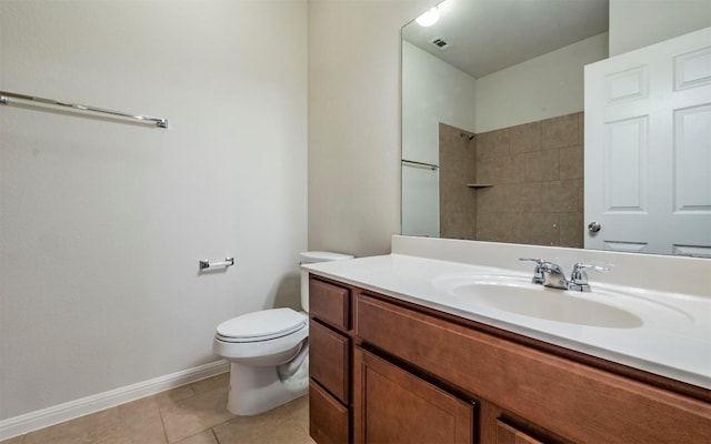 full bathroom featuring tile patterned floors, toilet, vanity, walk in shower, and visible vents