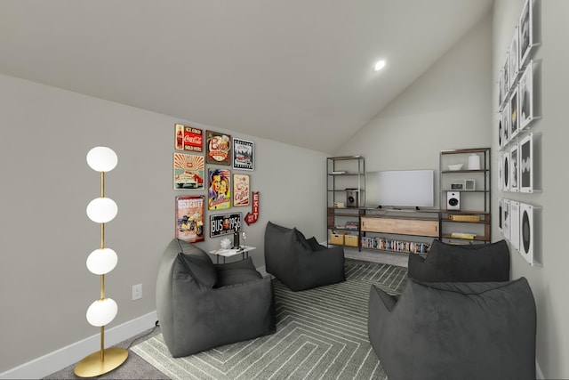 414 Wesley Ridge Dr, Spicewood, TX 78669 - living area featuring carpet floors and lofted ceiling